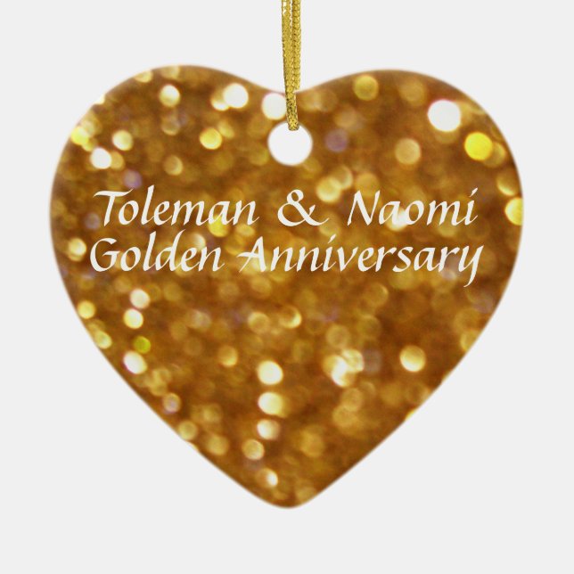 Ornement Cœur En Céramique cinquantième Anniversaire de mariage d'or | (Devant)