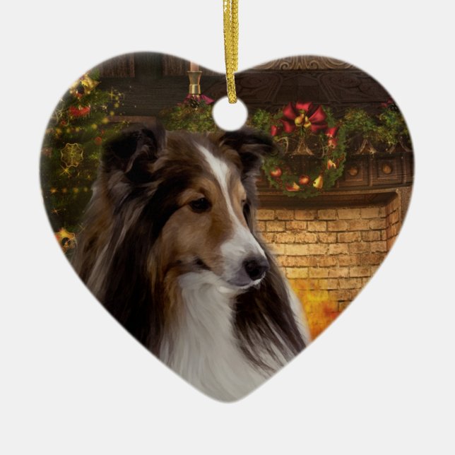 Ornement Cœur En Céramique Coeur Sheltie de vacances (Devant)