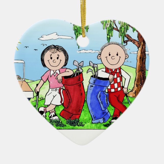 Ornement Cœur En Céramique Couple de golf - Carton personnalisé (Devant)