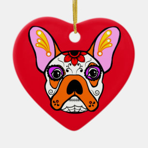 Ornement Cœur En Céramique Crâne de sucre de bouledogue français