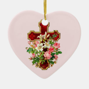 Ornement Cœur En Céramique Croix florale