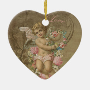 Ornement Cœur En Céramique Cupidon - cru