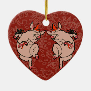 Ornement Cœur En Céramique Dancing Pig Antique Cute Danseuse