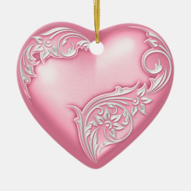 Ornement Cœur En Céramique Défilement du coeur rose avec blanc (Devant)