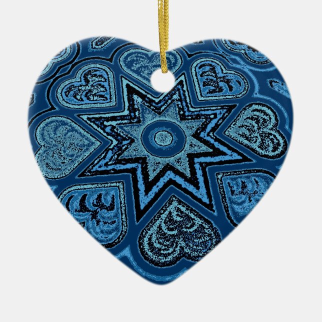 Ornement Cœur En Céramique Denim Blue Folk Art Hearts Ornament (Devant)