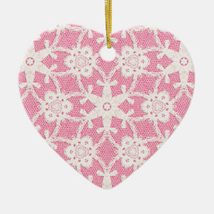 Ornement Cœur En Céramique Dentelle antique - blanc et rose rose