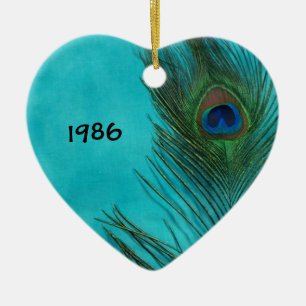 Ornement Cœur En Céramique Deux plumes de paon d'Aqua