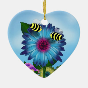 Ornement Cœur En Céramique Dîner d'abeille sur Fleur bleue