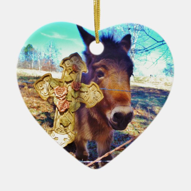 Ornement Cœur En Céramique Donkey avec croix Rose (Devant)