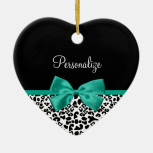 Ornement Cœur En Céramique Empreinte de léopard Emerald Green Ribbon Bow Chic