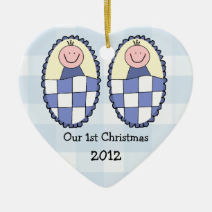 Ornement Cœur En Céramique Ęr bleu de Noël de jumeaux
