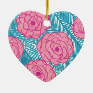 Ornement Cœur En Céramique Feuilles et fleurs de palmiers tropicaux