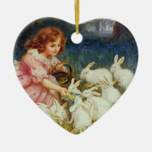 Ornement Cœur En Céramique Fille nourrissant des lapins