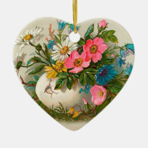 Ornement Cœur En Céramique Fleurs de Pâques Art Floral Vintage