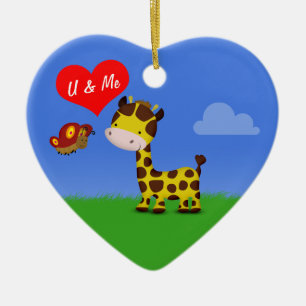 Ornement Cœur En Céramique Giraffe et papillon en amour