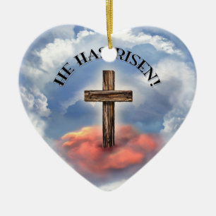 Ornement Cœur En Céramique He Has Risen Rugged Cross With Clouds