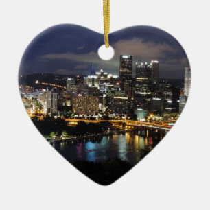 Ornement Cœur En Céramique Horizon de Pittsburgh au crépuscule