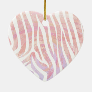 Ornement Cœur En Céramique Impression rose et blanc Zebra