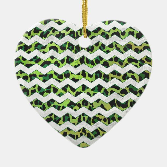 Ornement Cœur En Céramique Imprimé léopard chevron noir et vert (Devant)