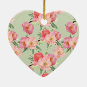 Ornement Cœur En Céramique Joli Jardin Rose Fleurs Aquarelle