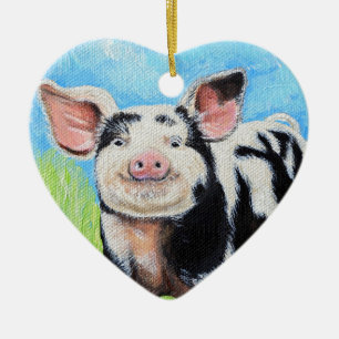 Ornement Cœur En Céramique Joyeuse peinture de petit cochon