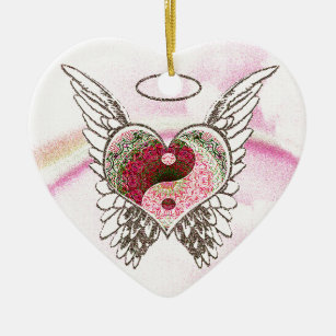 Ornement Cœur En Céramique L'ange de coeur de Yin Yang s'envole l'aquarelle