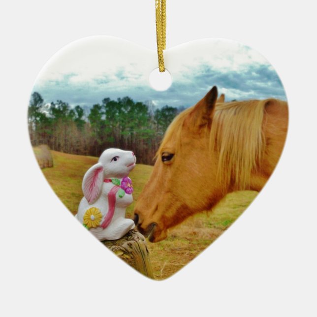 Ornement Cœur En Céramique Lapin blanc et Cheval jaune (Devant)