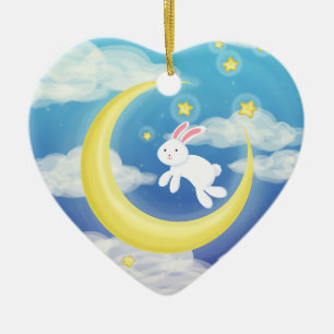 Ornement Cœur En Céramique Lapin rose lune