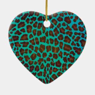 Ornement Cœur En Céramique Léopard Brown et Turquoise