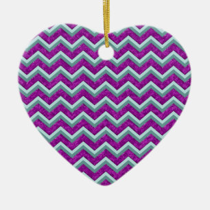 Ornement Cœur En Céramique Magenta Foil et Turquoise ZigZag Motif