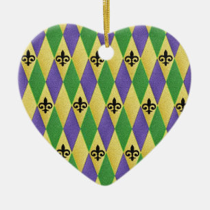 Ornement Cœur En Céramique Mardi Gras Arlequin Fleur De Lis