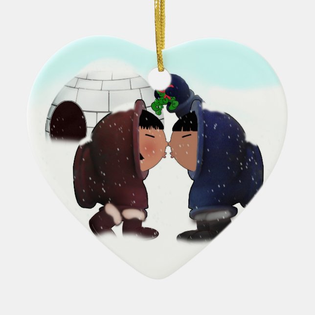 Ornement Cœur En Céramique Mistletoe Time - Mistletoe Kissing Eskimos (Devant)