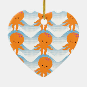 Ornement Cœur En Céramique Motif Octopus Orange Et Vagues Bleues