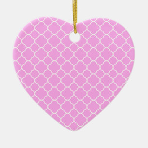 Ornement Cœur En Céramique Motif Quatrefoil Rose Et Blanc
