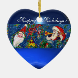 ORNEMENT CŒUR EN CÉRAMIQUE NOËL DE NUIT PÈRE NOËL BUGLER BLEU HEART