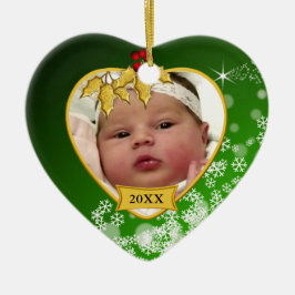 Ornement Cœur En Céramique Noël vert de photo de bébé de Milou nouveau