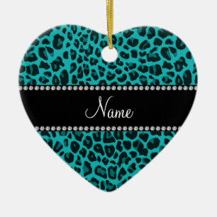 Ornement Cœur En Céramique Nom personnalisé motif léopard turquoise