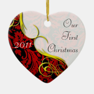 Ornement Cœur En Céramique Notre première damassé de Noël