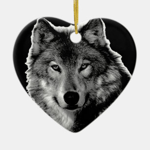 Ornement Cœur En Céramique Oeuvre de Loup noir et blanc