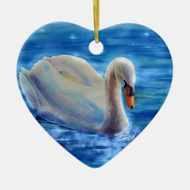 Ornement Cœur En Céramique Peinture d'aquarelle blanche pour cygne (Devant)