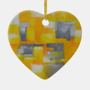 Ornement Cœur En Céramique peinture gris jaune blanc abstrait