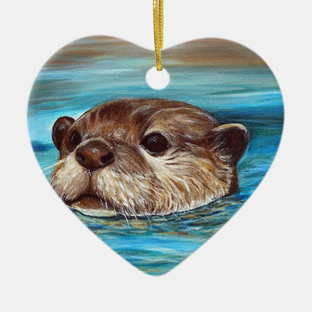Ornement Cœur En Céramique Peinture sur la loutre de rivière (Devant)