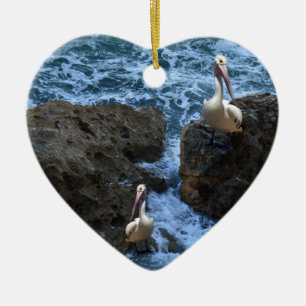 Ornement Cœur En Céramique Pélicans Sur Les Rochers De Mer,