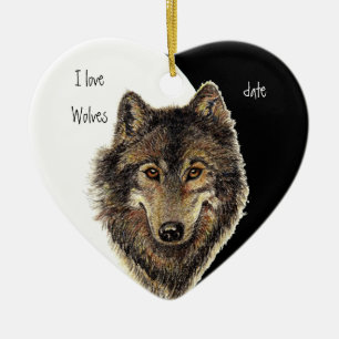 Ornement Cœur En Céramique Personnalisé Dated J'aime Loups, Aquarelle Animal
