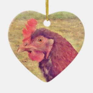 Ornement Cœur En Céramique Petite poule rouge peinte
