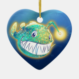 Ornement Cœur En Céramique Poissons de pêcheur à la ligne mignons