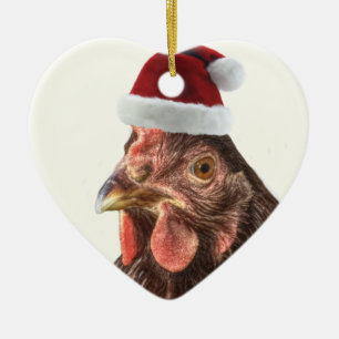 Ornement Cœur En Céramique Poulet de casquette de Père Noël