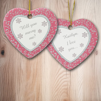 Ornement Cœur En Céramique Proposition du mariage Damas rose Faux Diamond