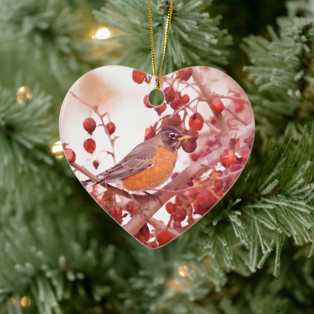 Ornement Cœur En Céramique Robin Avec Berries Rouges (Arbre)