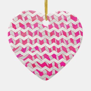 Ornement Cœur En Céramique Rose vif et chevron blanc zèbre